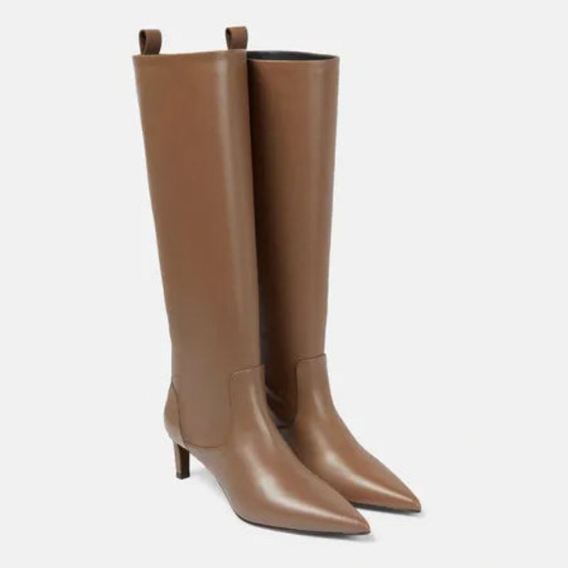 Bottes Femme Chevalier Hautes Automne Hiver Cuir Bout Pointu - Kaki