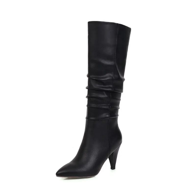 Bottes Hautes Au Genou Pour Femmes Longues Occidentales Pliables D'hiver À Bout Pointu - Noir