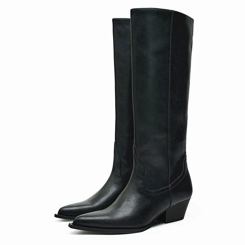 Bottes Hautes Aux Genoux Pour Femmes Talons Hauts Occidentales Longues Rétro Tendance Pointues Automne Et Hiver - Noir