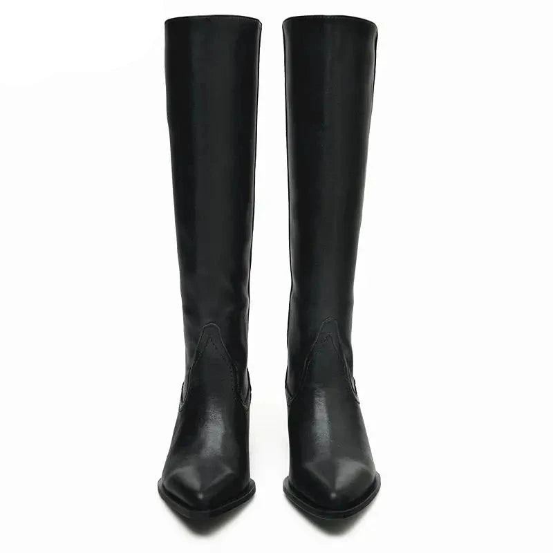 Bottes Hautes Aux Genoux Pour Femmes Talons Hauts Occidentales Longues Rétro Tendance Pointues Automne Et Hiver - Noir