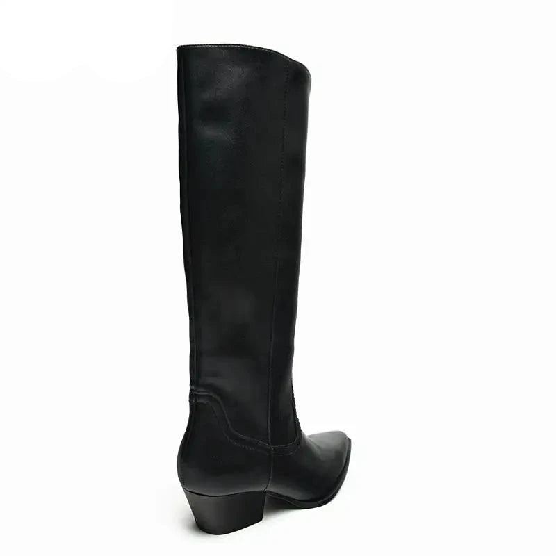 Bottes Hautes Aux Genoux Pour Femmes Talons Hauts Occidentales Longues Rétro Tendance Pointues Automne Et Hiver - Noir