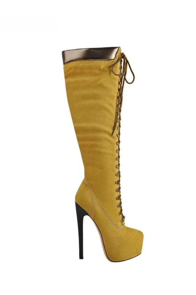 Bottes Hautes À Plateforme Pour Femmes Lacets Sur Le Devant Talon Fin Stiletto Extensible Cool