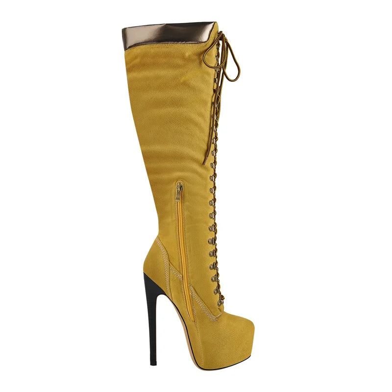 Bottes Hautes À Plateforme Pour Femmes Lacets Sur Le Devant Talon Fin Stiletto Extensible Cool - Marron