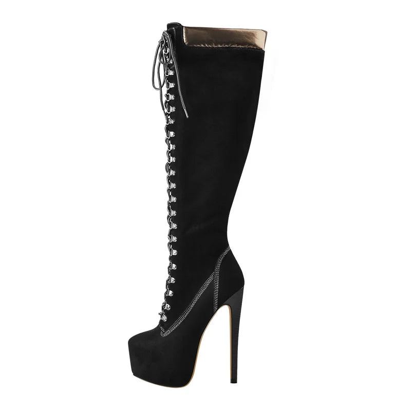 Bottes Hautes À Plateforme Pour Femmes Lacets Sur Le Devant Talon Fin Stiletto Extensible Cool - Marron