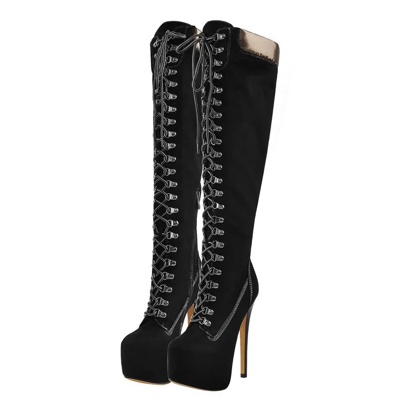 Bottes Hautes À Plateforme Pour Femmes Lacets Sur Le Devant Talon Fin Stiletto Extensible Cool - Marron