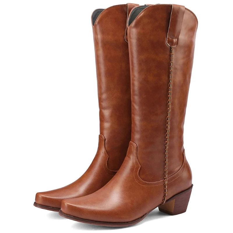 Bottes Hautes À Talons Pour Femmes Chaussures En Cuir À Bout Pointu Style Britannique Occidental Printemps-automne - Noir