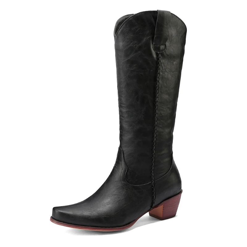 Bottes Hautes À Talons Pour Femmes Chaussures En Cuir À Bout Pointu Style Britannique Occidental Printemps-automne - Noir