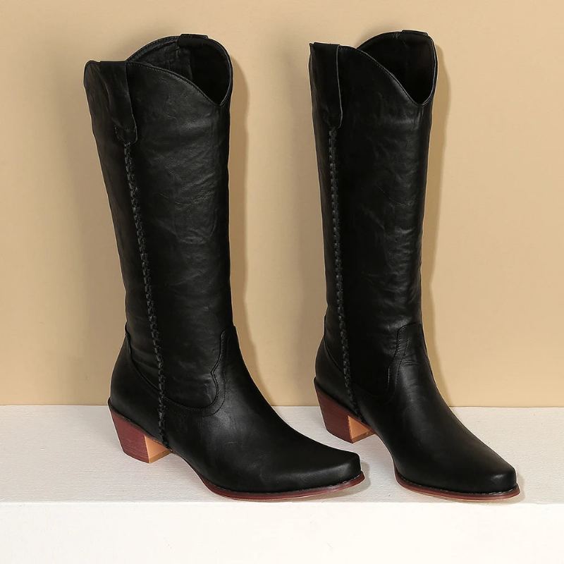 Bottes Hautes À Talons Pour Femmes Chaussures En Cuir À Bout Pointu Style Britannique Occidental Printemps-automne - Noir