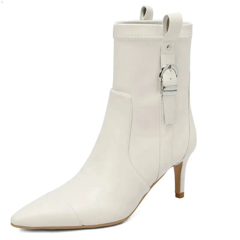 Bottes D'hiver Chaussures À Talons Hauts Fins Dames Élégantes Bottines À Enfiler - Blanc