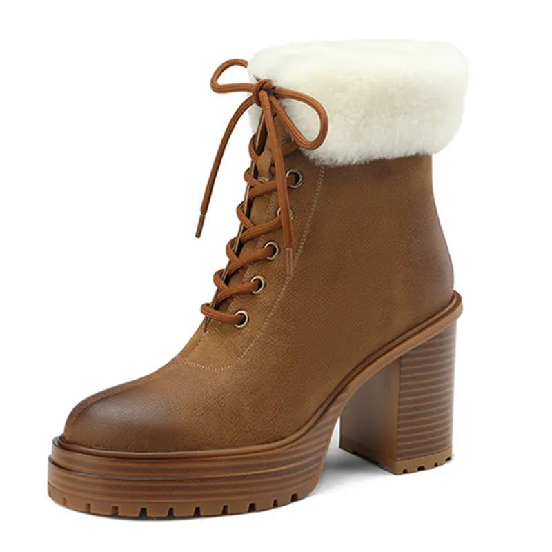 Bottes D'hiver Pour Dames Bottines En Cuir Véritable De Neige Épaisses En Peluche - Marron