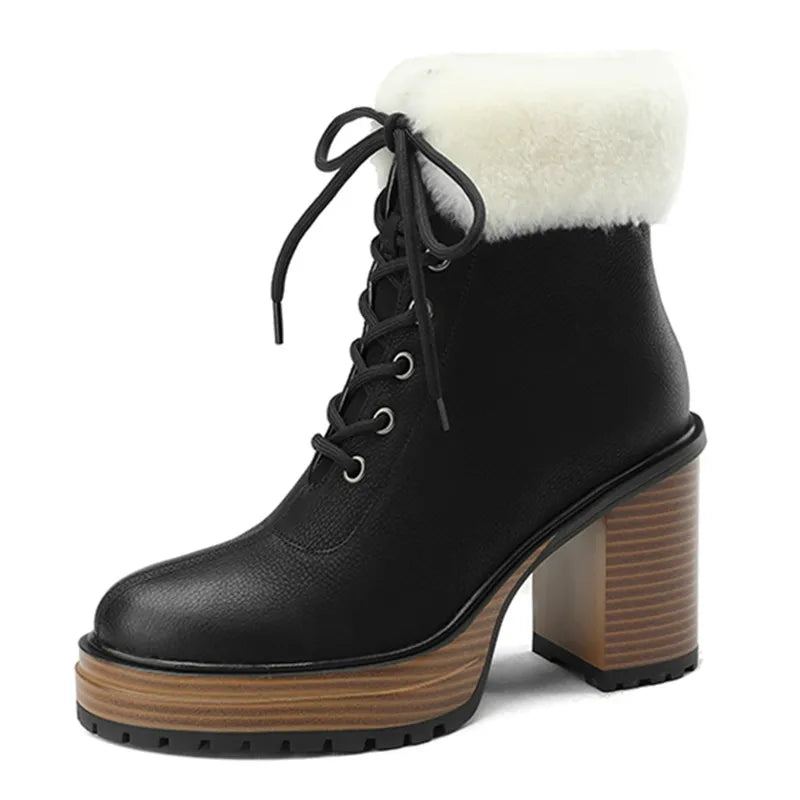 Bottes D'hiver Pour Dames Bottines En Cuir Véritable De Neige Épaisses En Peluche - Marron