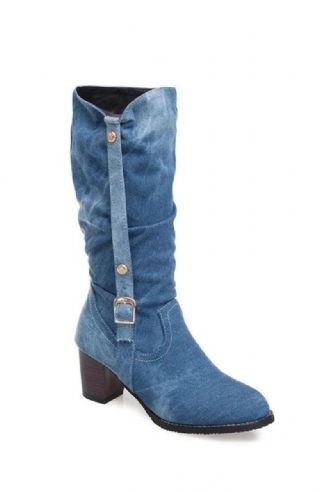 Bottes D'hiver En Denim Pour Femmes Longues Et Courtes À Talons Hauts En Jean Élégantes Avec Sangle À Boucle