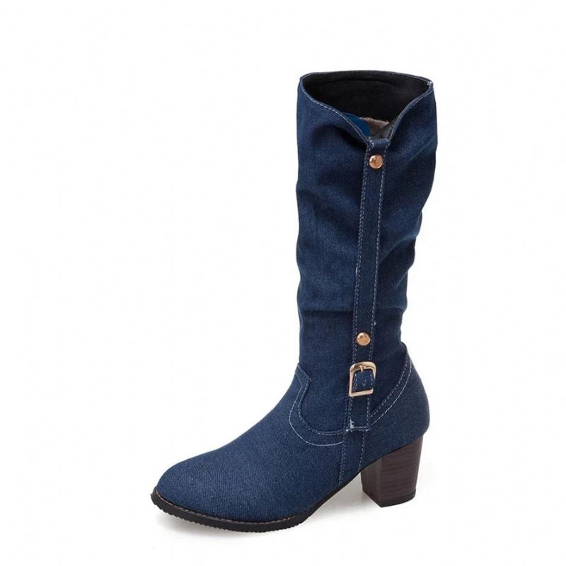 Bottes D'hiver En Denim Pour Femmes Longues Et Courtes À Talons Hauts En Jean Élégantes Avec Sangle À Boucle - Bleu