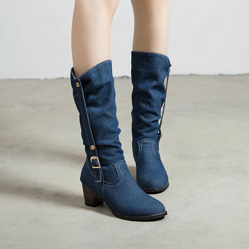 Bottes D'hiver En Denim Pour Femmes Longues Et Courtes À Talons Hauts En Jean Élégantes Avec Sangle À Boucle - Bleu