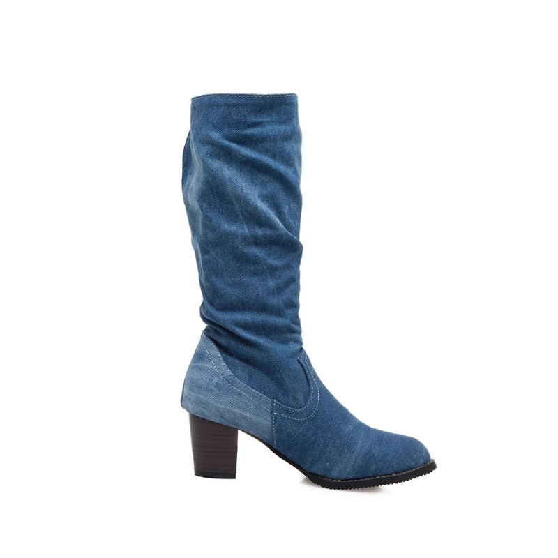 Bottes D'hiver En Denim Pour Femmes Longues Et Courtes À Talons Hauts En Jean Élégantes Avec Sangle À Boucle - Bleu