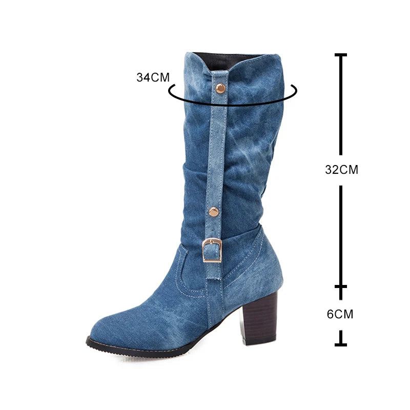 Bottes D'hiver En Denim Pour Femmes Longues Et Courtes À Talons Hauts En Jean Élégantes Avec Sangle À Boucle - Bleu