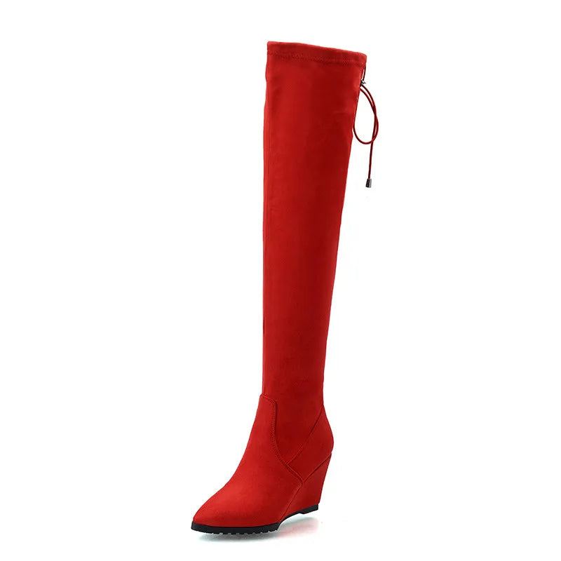 Bottes D'hiver Femmes Chaussures À Semelles Compensées Solides Talons Sur Les Au Genou Femme Élégante - Rouge