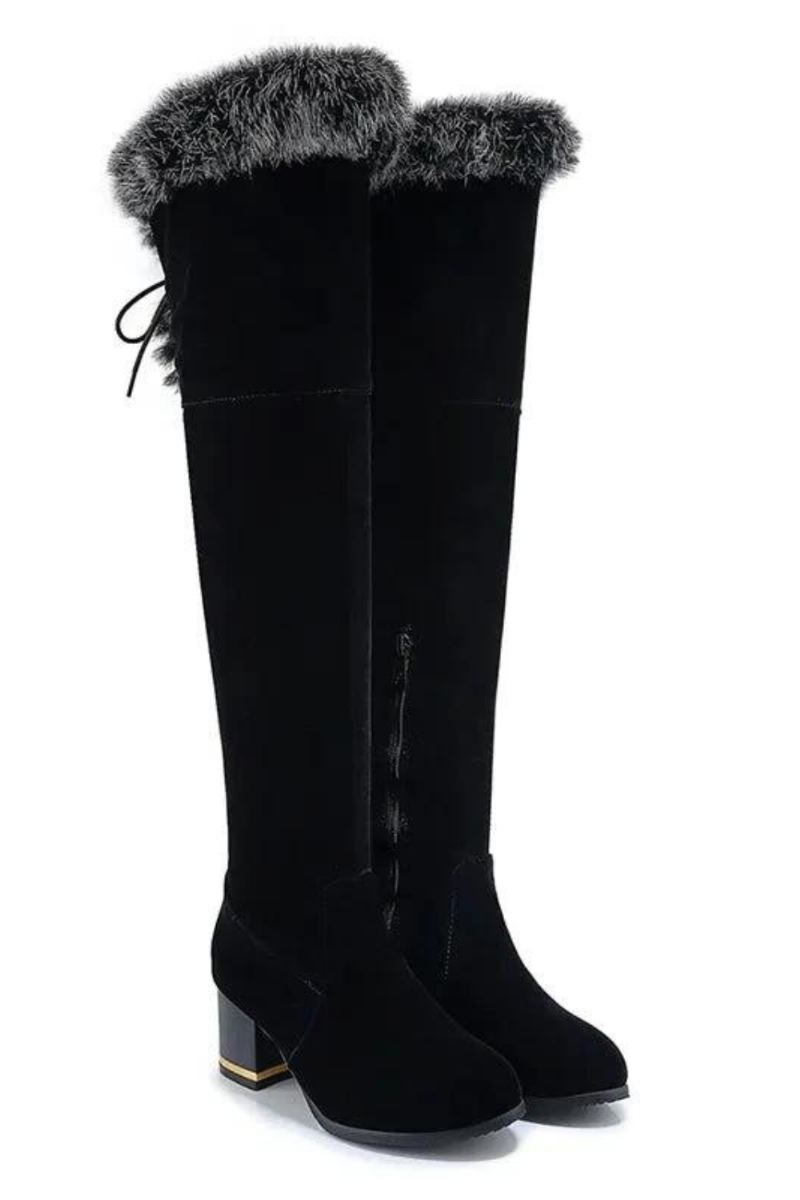 Bottes D'hiver En Fourrure Naturelle Pour Femmes Hautes Et Longues À Talons Carrés Chaussures Imperméables À Semelle En Caoutchouc