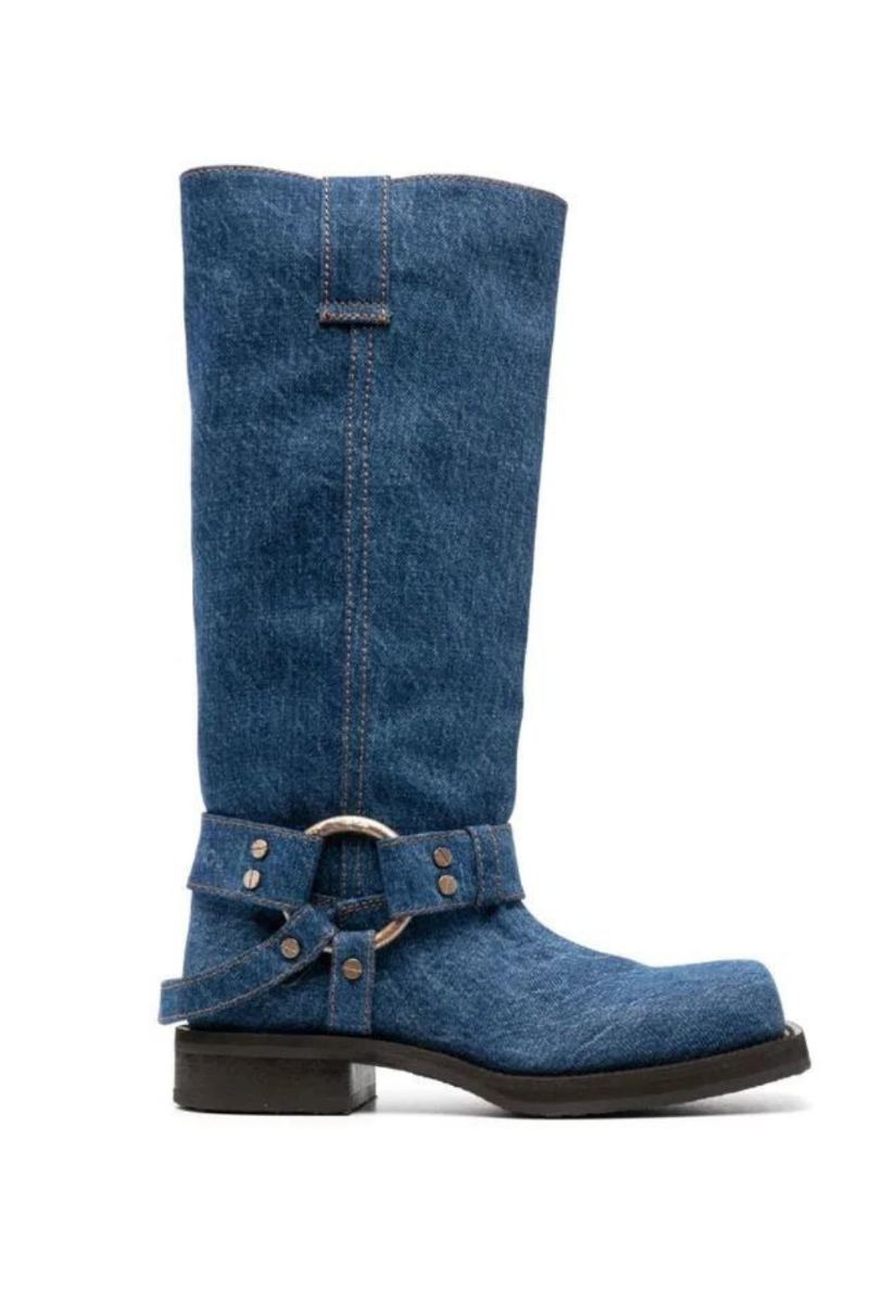 Bottes En Jean À Bout Carré Pour Femmes Chaussures De Luxe À Talons Bas Style Étoile