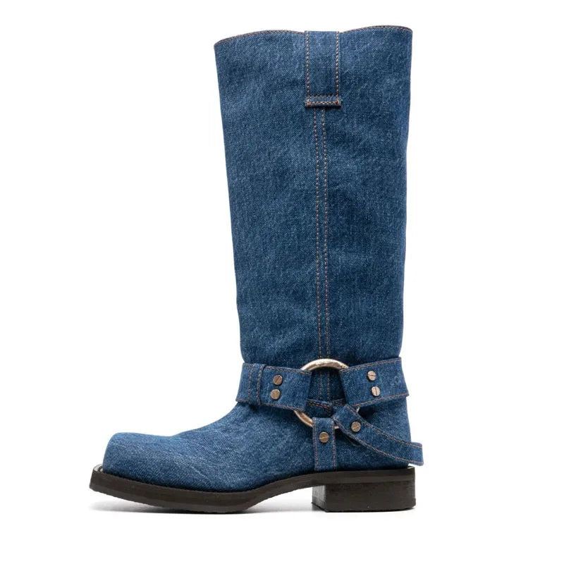 Bottes En Jean À Bout Carré Pour Femmes Chaussures De Luxe À Talons Bas Style Étoile - Bleu