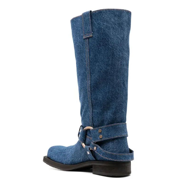 Bottes En Jean À Bout Carré Pour Femmes Chaussures De Luxe À Talons Bas Style Étoile - Bleu