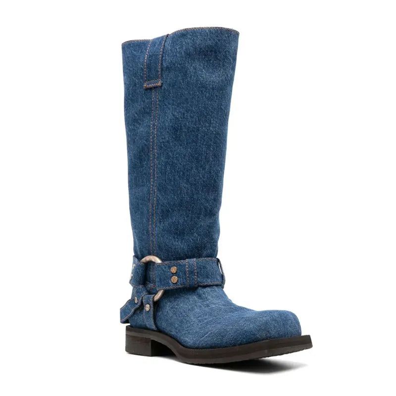 Bottes En Jean À Bout Carré Pour Femmes Chaussures De Luxe À Talons Bas Style Étoile - Bleu