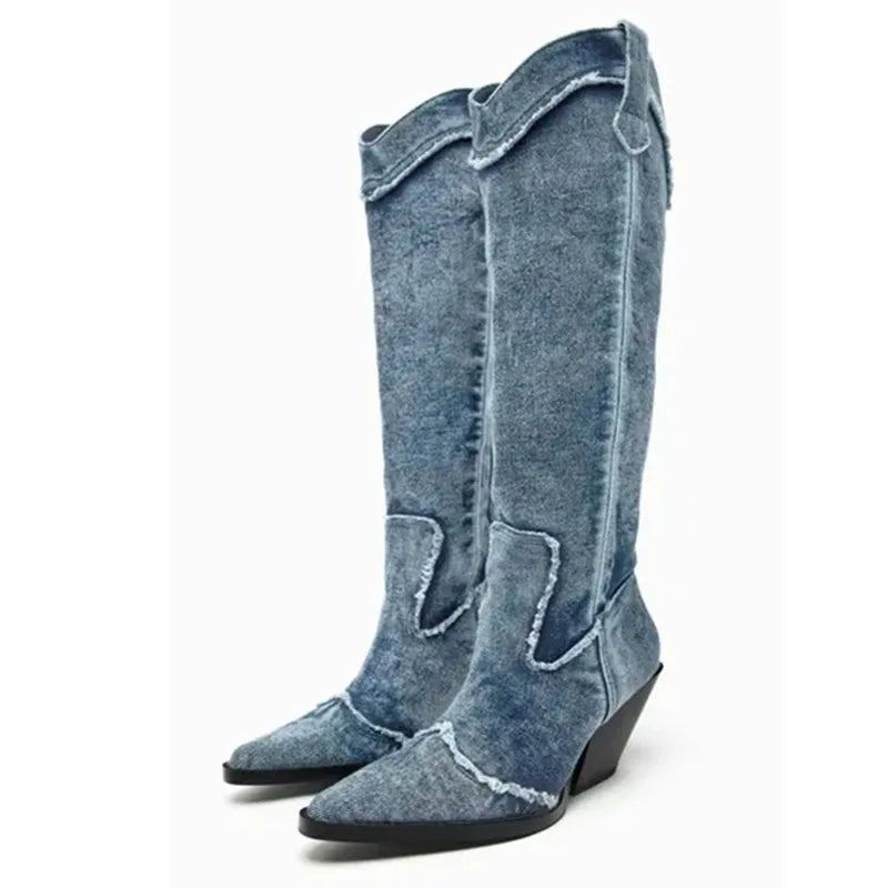 Bottes En Jean Pour Femmes Hautes À Talons À Franges En Cristal Chaussures De Luxe Rétro Dames Chelsea - Gris Foncé