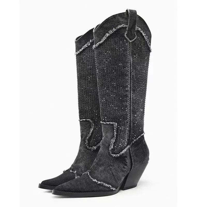 Bottes En Jean Pour Femmes Hautes À Talons À Franges En Cristal Chaussures De Luxe Rétro Dames Chelsea - Gris Foncé