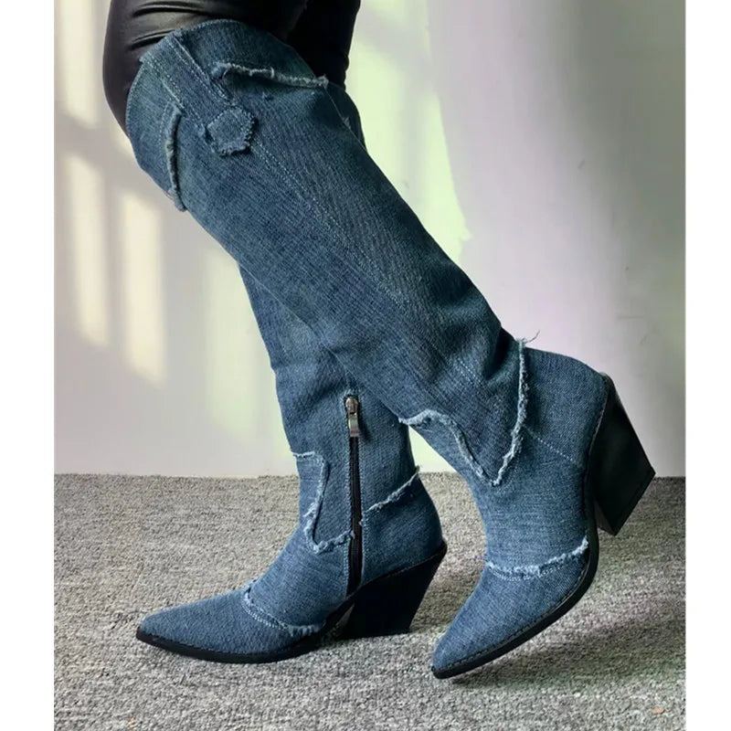 Bottes En Jean Pour Femmes Hautes À Talons À Franges En Cristal Chaussures De Luxe Rétro Dames Chelsea - Gris Foncé