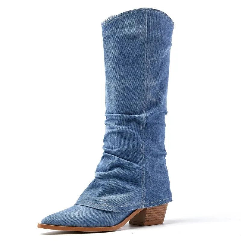 Bottes Mi-mollet À Bout Pointu Pour Femme D'hiver À Talons Hauts Épais Occidentales - Bleu