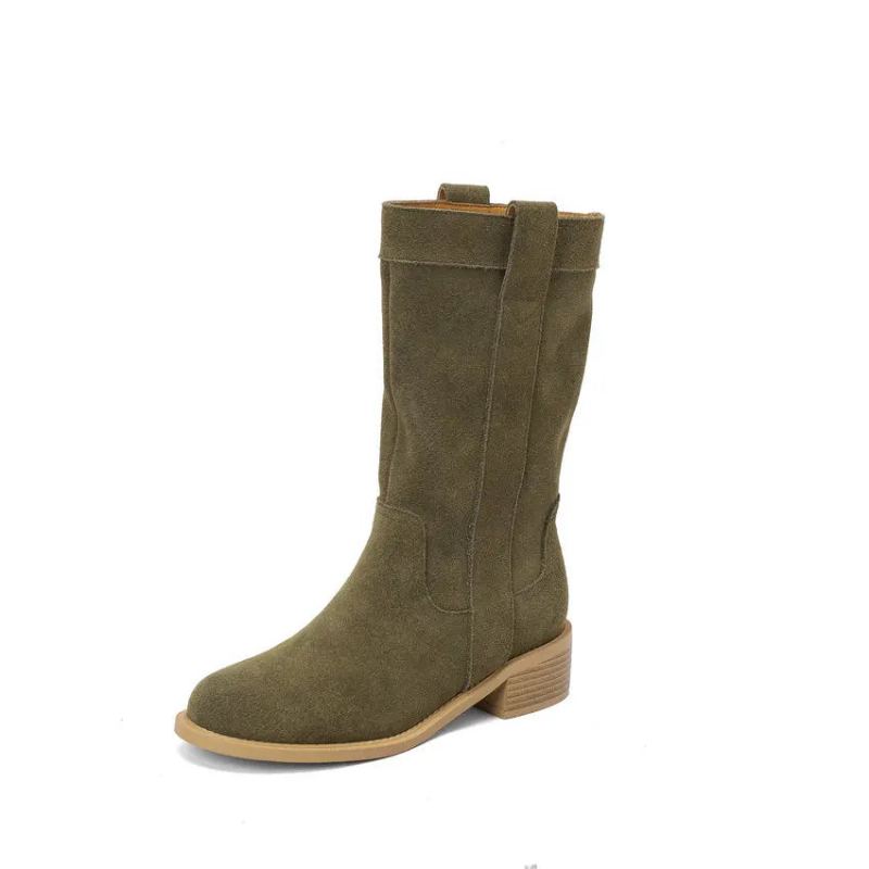 Bottes Mi-mollet Pour Femme Chaussures D'automne Et D'hiver En Cuir - Vert