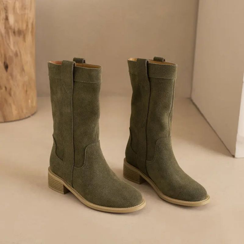 Bottes Mi-mollet Pour Femme Chaussures D'automne Et D'hiver En Cuir - Vert