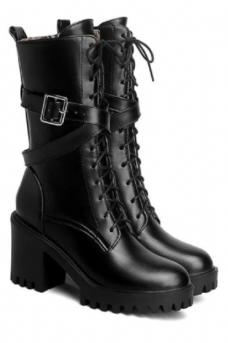 Bottes Mi-mollet Pour Femmes Bout Rond Chaussures À Plateforme À Talons Hauts Épais De Moto En Cuir Souple Punk