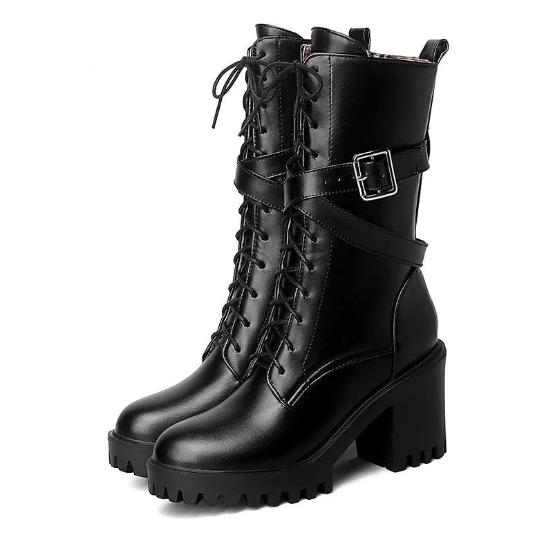 Bottes Mi-mollet Pour Femmes Bout Rond Chaussures À Plateforme À Talons Hauts Épais De Moto En Cuir Souple Punk - Noir