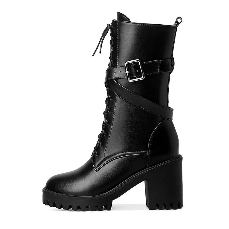 Bottes Mi-mollet Pour Femmes Bout Rond Chaussures À Plateforme À Talons Hauts Épais De Moto En Cuir Souple Punk - Noir