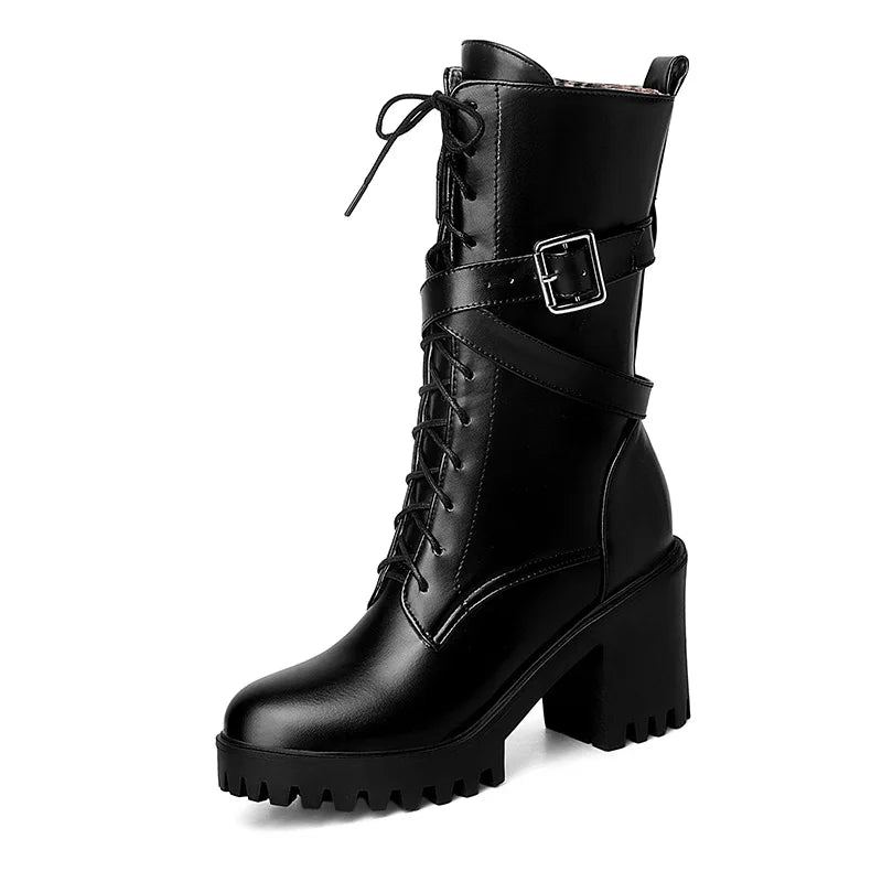 Bottes Mi-mollet Pour Femmes Bout Rond Chaussures À Plateforme À Talons Hauts Épais De Moto En Cuir Souple Punk - Noir