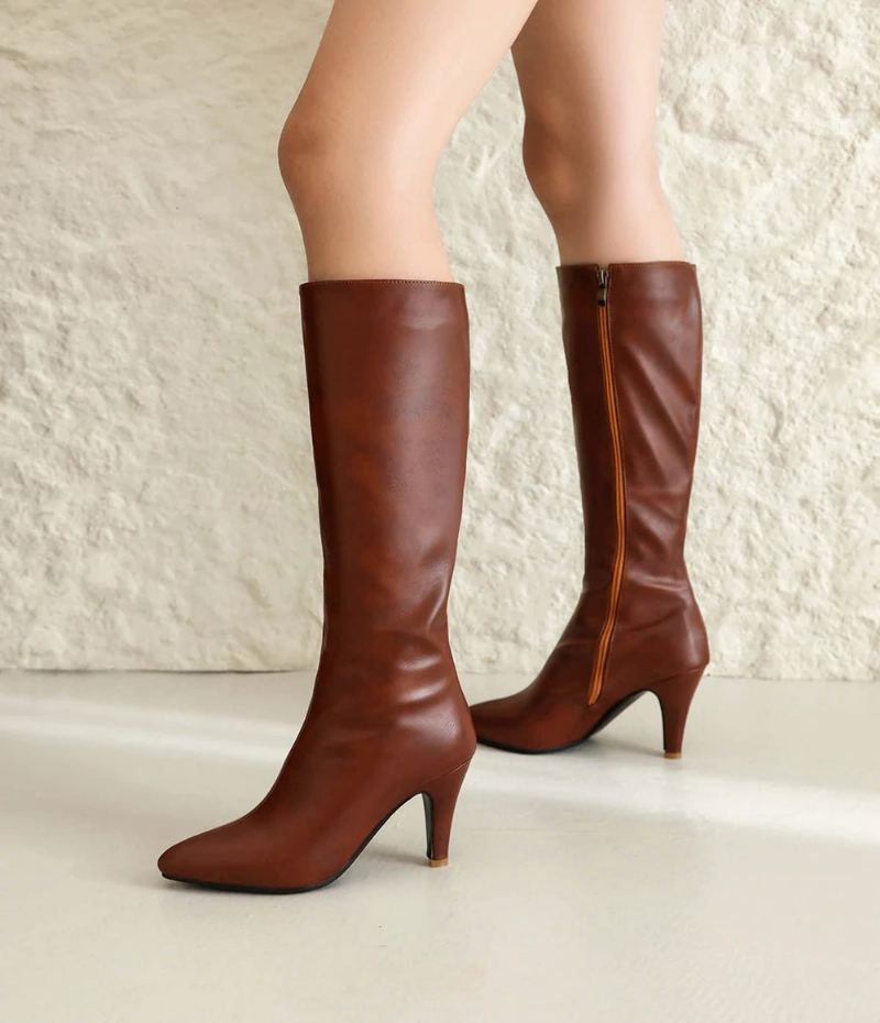 Bottes Modernes Hautes Pour Femmes Chaussures D'hiver À Talons Coniques Grande Taille De Fête Stiletto - Marron