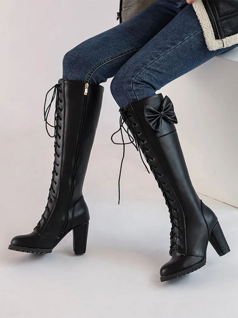 Bottes De Moto À Talons Épais Pour Femmes Hauteur Des Genoux Plateforme Nœud Papillon De Mariage Automne Et Hiver - Noir