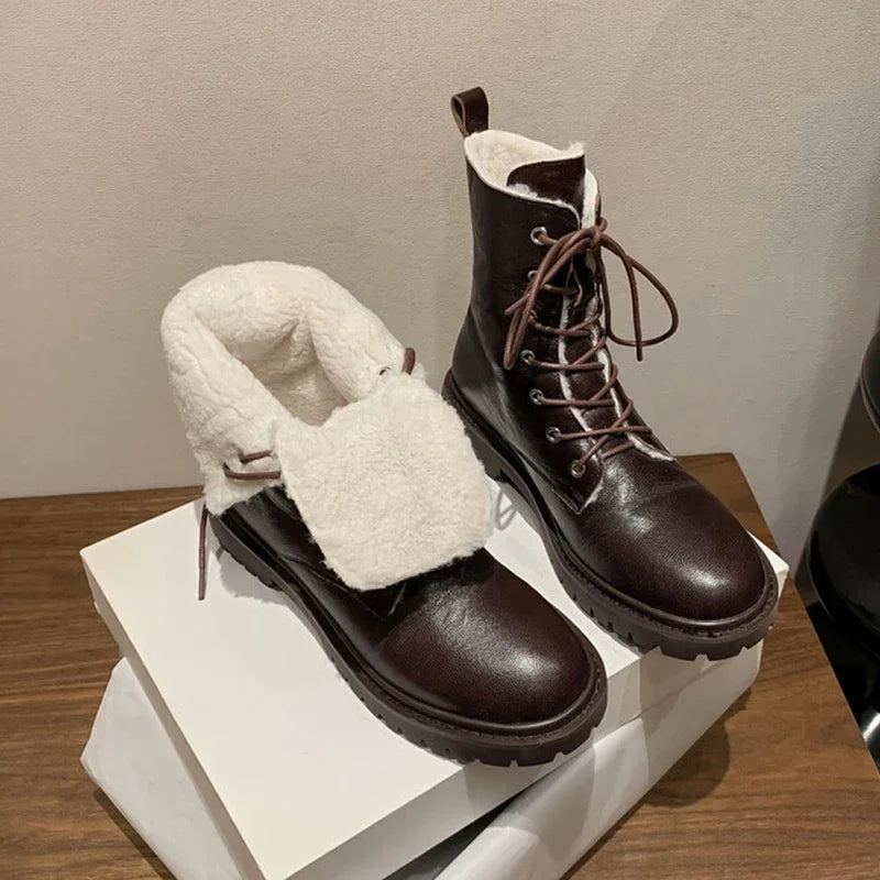 Bottes De Neige Chaudes D'hiver En Cuir Véritable Et Laine Pour Femme Chaussures De Moto En Peluche - Marron