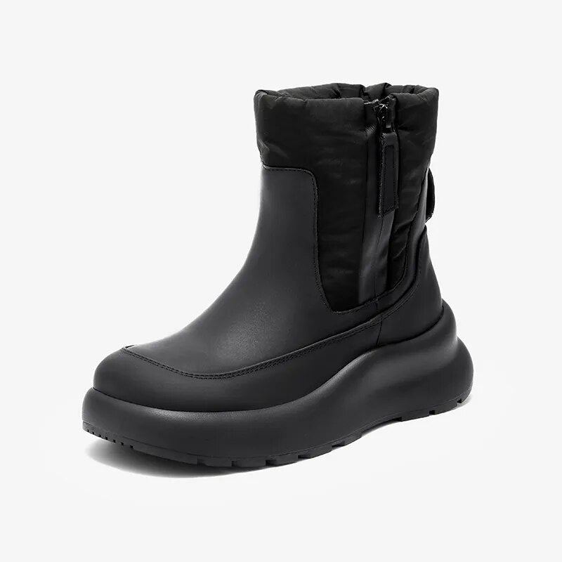 Bottes De Neige En Cuir Véritable Pour Femme Bout Rond Antidérapantes Imperméables Solides Neutres Chaussures D'hiver Faites À La Main - Noir