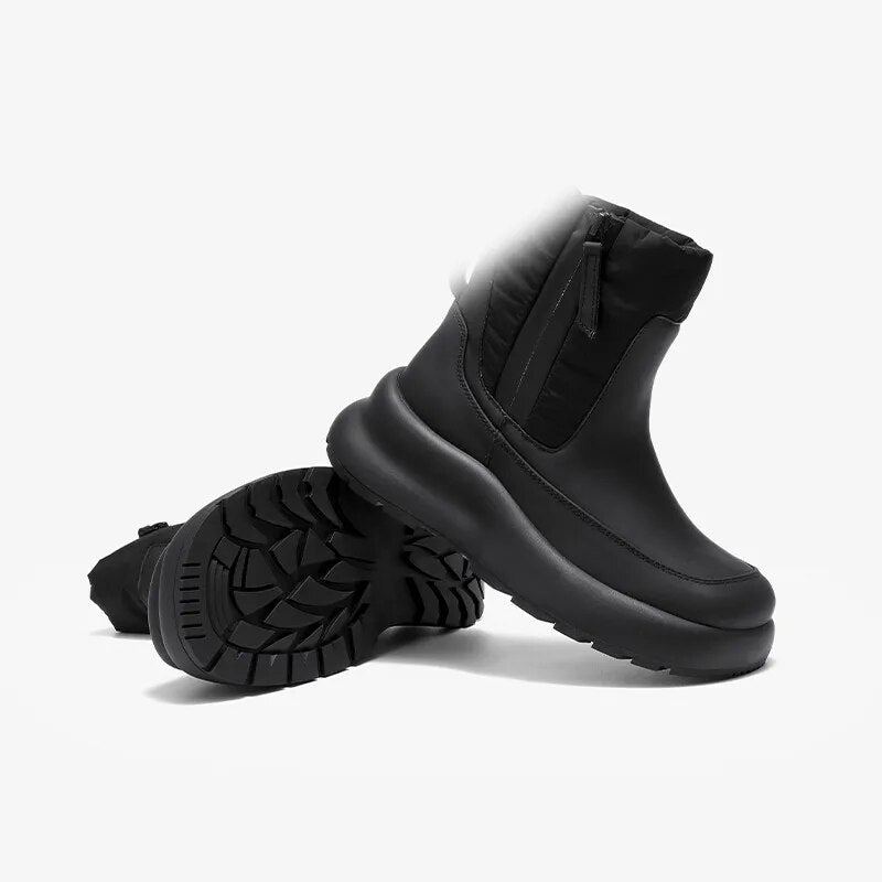 Bottes De Neige En Cuir Véritable Pour Femme Bout Rond Antidérapantes Imperméables Solides Neutres Chaussures D'hiver Faites À La Main - Noir