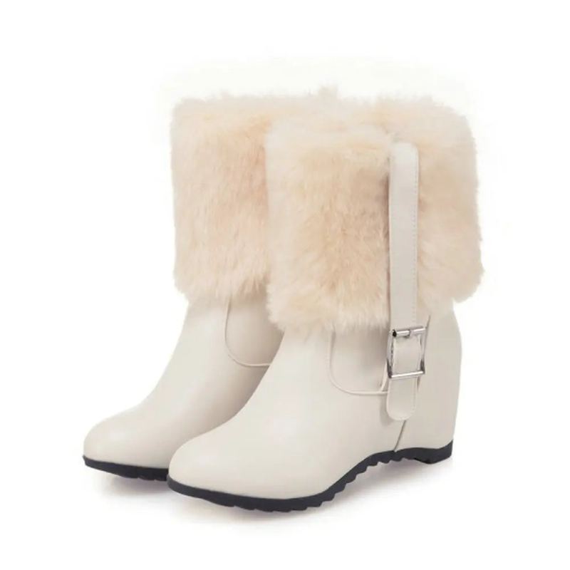 Bottes De Neige En Peluche Pour Femmes Avec Boucle De Ceinture Talon Épais Chaussures À Plateforme Tendance Augmenter La Hauteur Hiver - Beige