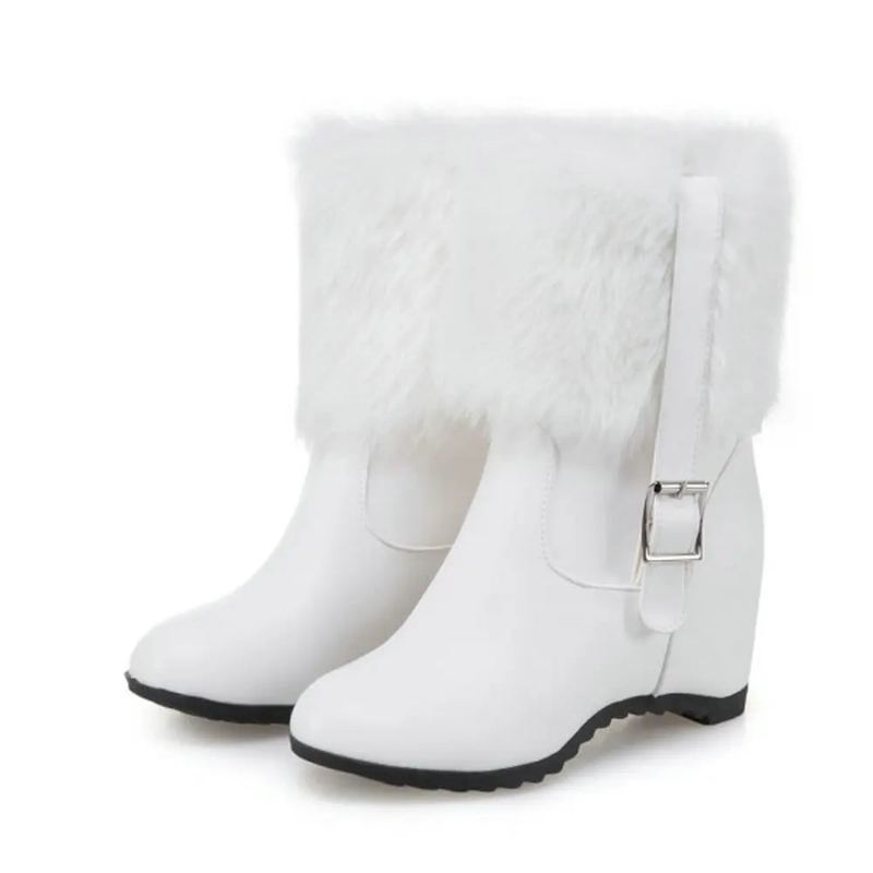 Bottes De Neige En Peluche Pour Femmes Avec Boucle De Ceinture Talon Épais Chaussures À Plateforme Tendance Augmenter La Hauteur Hiver - Beige