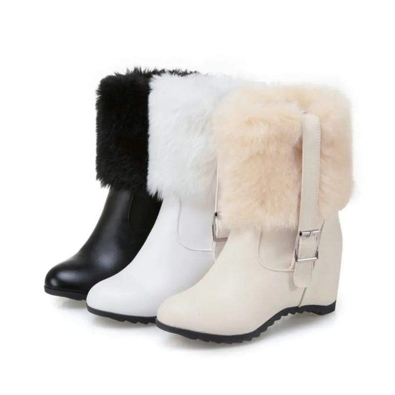 Bottes De Neige En Peluche Pour Femmes Avec Boucle De Ceinture Talon Épais Chaussures À Plateforme Tendance Augmenter La Hauteur Hiver - Beige