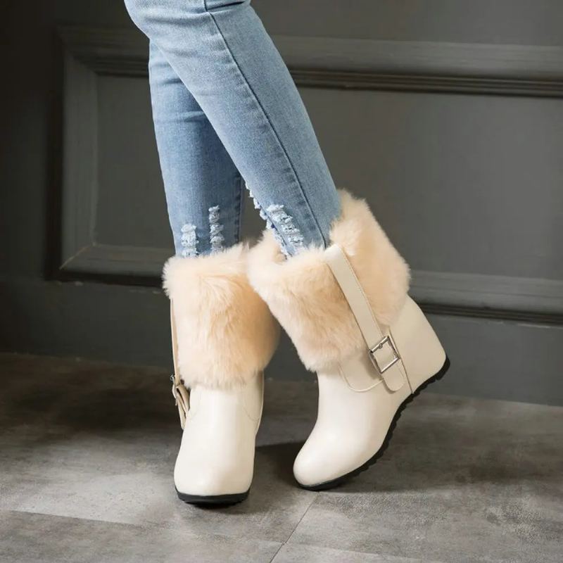 Bottes De Neige En Peluche Pour Femmes Avec Boucle De Ceinture Talon Épais Chaussures À Plateforme Tendance Augmenter La Hauteur Hiver - Beige