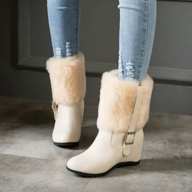 Bottes De Neige En Peluche Pour Femmes Avec Boucle De Ceinture Talon Épais Chaussures À Plateforme Tendance Augmenter La Hauteur Hiver - Beige