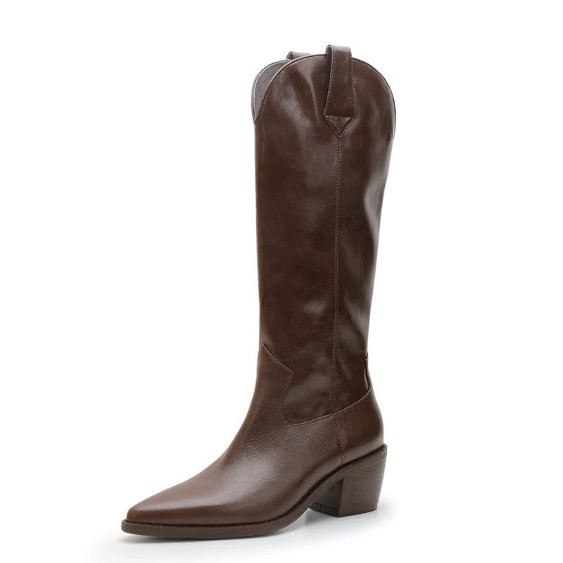 Bottes Occidentales En Cuir Véritable Pour Femme Chaussures À Talons Hauts Épais Hiver - Marron