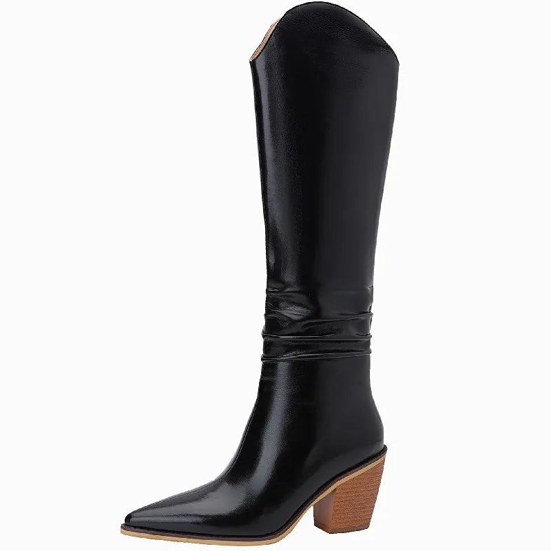 Bottes Occidentales En Cuir Véritable Pour Femmes Hautes Au Genou Hiver - Cuir Noir