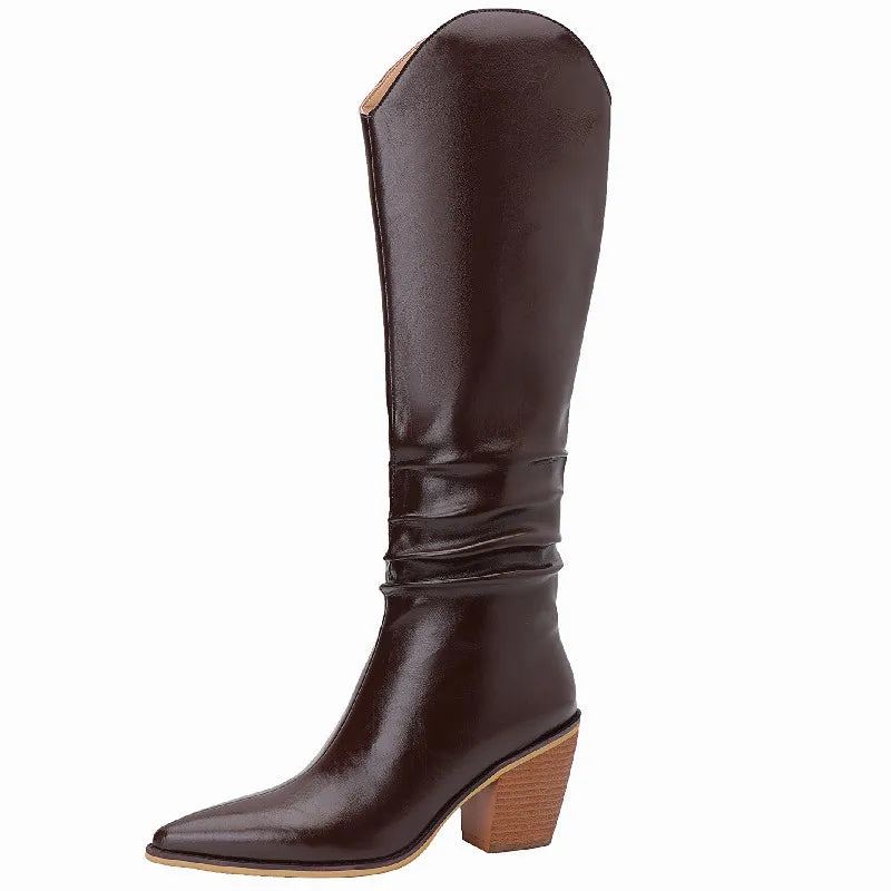 Bottes Occidentales En Cuir Véritable Pour Femmes Hautes Au Genou Hiver - Cuir Noir