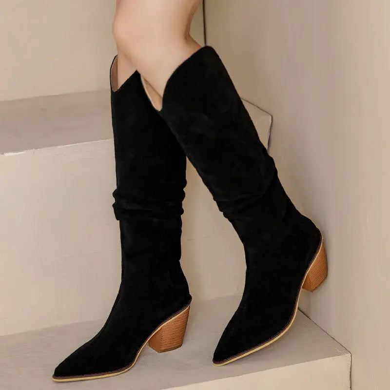 Bottes Occidentales En Cuir Véritable Pour Femmes Hautes Au Genou Hiver - Cuir Noir